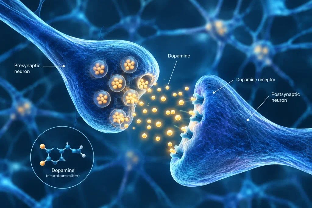 dopamine neurotransmitters communicating between neurons