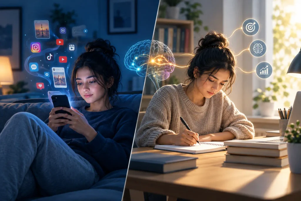 person scrolling on phone compared with studying