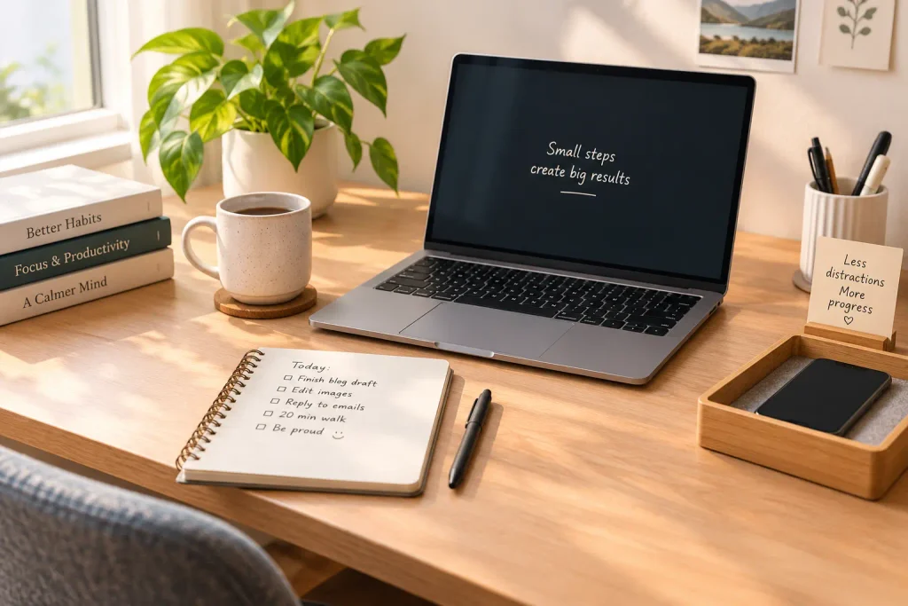 Organized workspace for reducing distractions and starting tasks