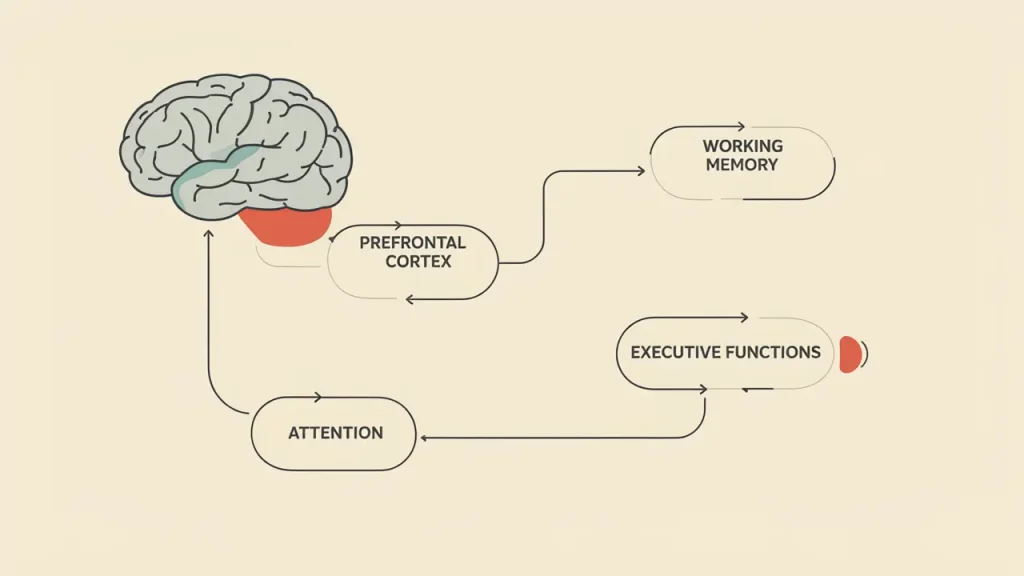 Diagram showing the relationship between the prefrontal cortex, attention, working memory and executive functions